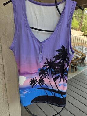Purple Gradient Tropical Palm Print Tank Top